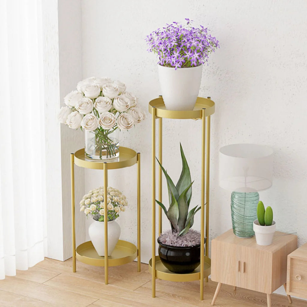 Gold Metal Plant Stand 2 Layer 50cm with Flower Pot Holder Corner Shelving Rack Indoor Display