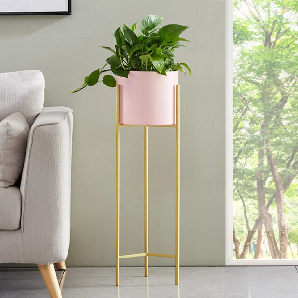 Gold Metal Plant Stand 2 Layer 60cm with Pink Flower Pot Holder Corner Shelving Rack Indoor Display