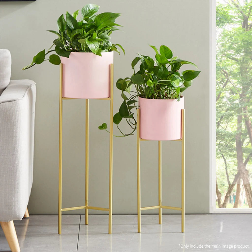 Gold Metal Plant Stand 2 Layer 60cm with Pink Flower Pot Holder Corner Shelving Rack Indoor Display