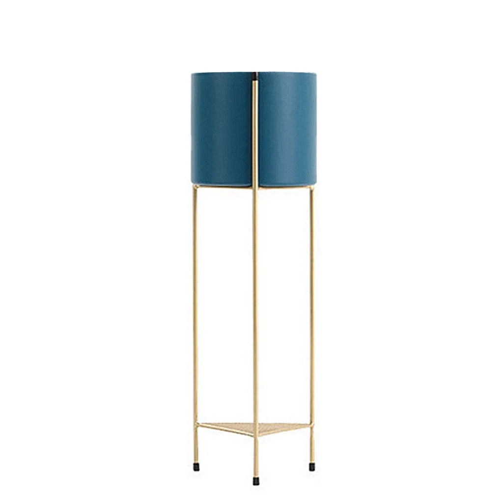 Gold Metal Plant Stand 2 Layer 65cm with Blue Flower Pot Holder Corner Shelving Rack Indoor Display