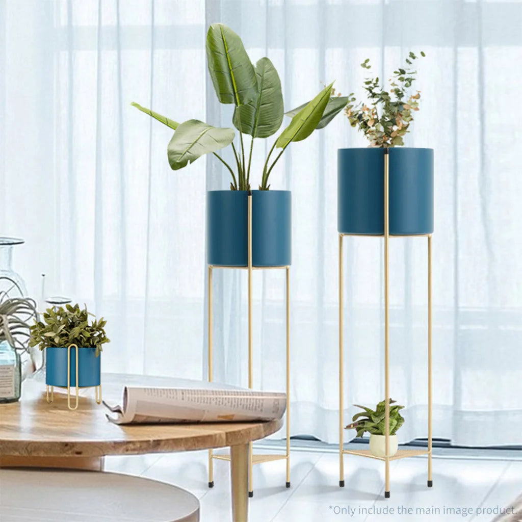 Gold Metal Plant Stand 2 Layer 65cm with Blue Flower Pot Holder Corner Shelving Rack Indoor Display