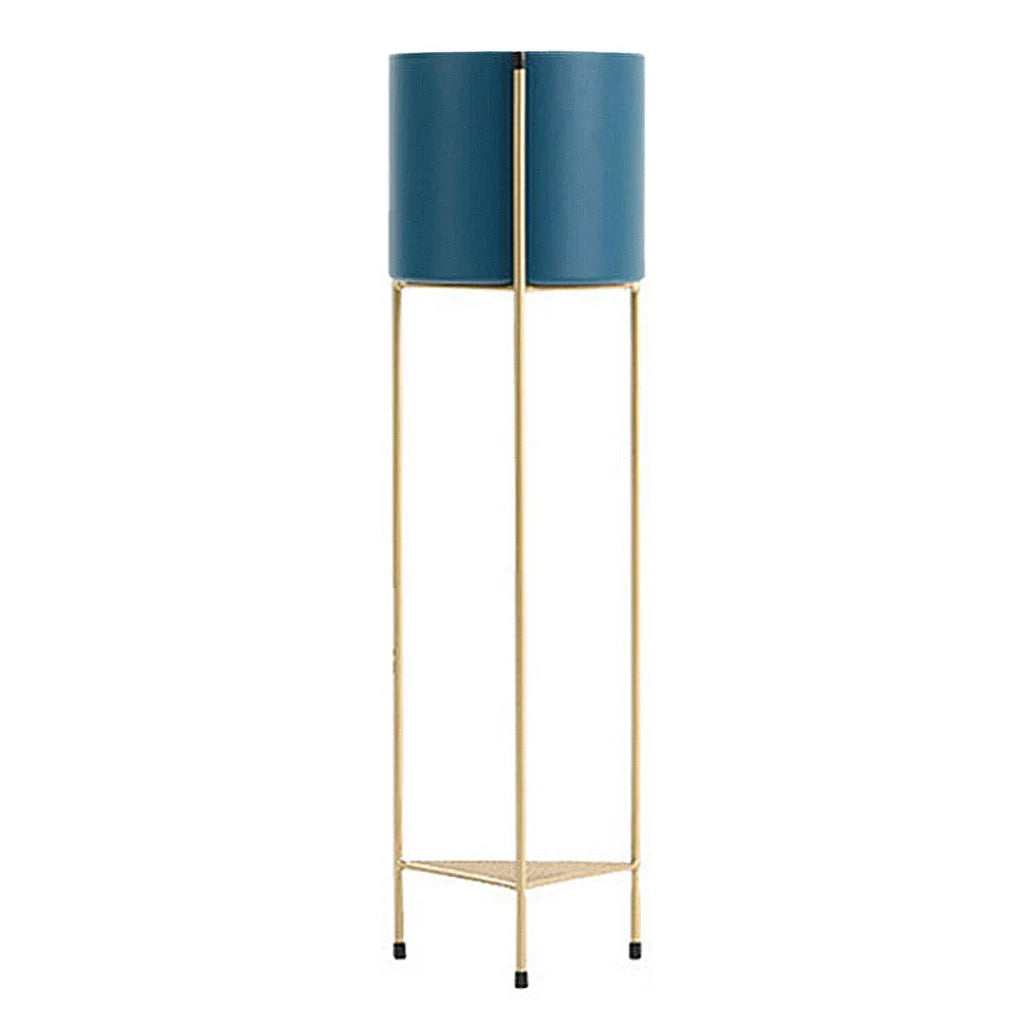 Gold Metal Plant Stand 2 Layer 81cm with Blue Flower Pot Holder Corner Shelving Rack Indoor Display