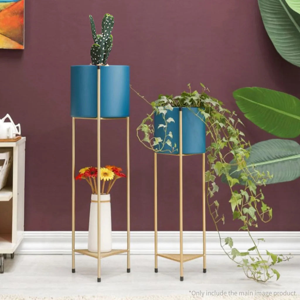 Gold Metal Plant Stand 2X 2 Layer 65cm with Blue Flower Pot Holder Corner Shelving Rack Indoor Display