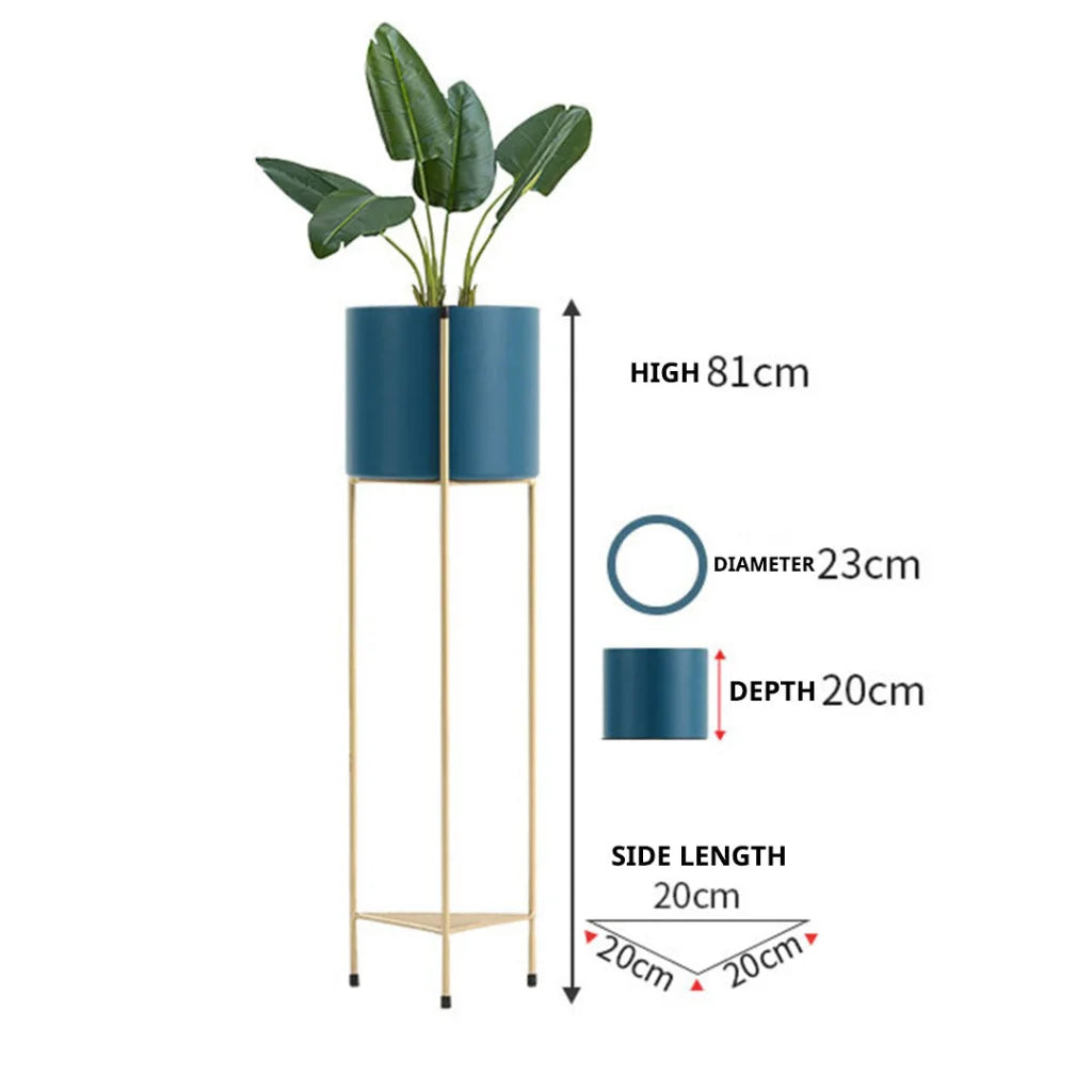 Gold Metal Plant Stand 2X 2 Layer 81cm with Blue Flower Pot Holder Corner Shelving Rack Indoor Display