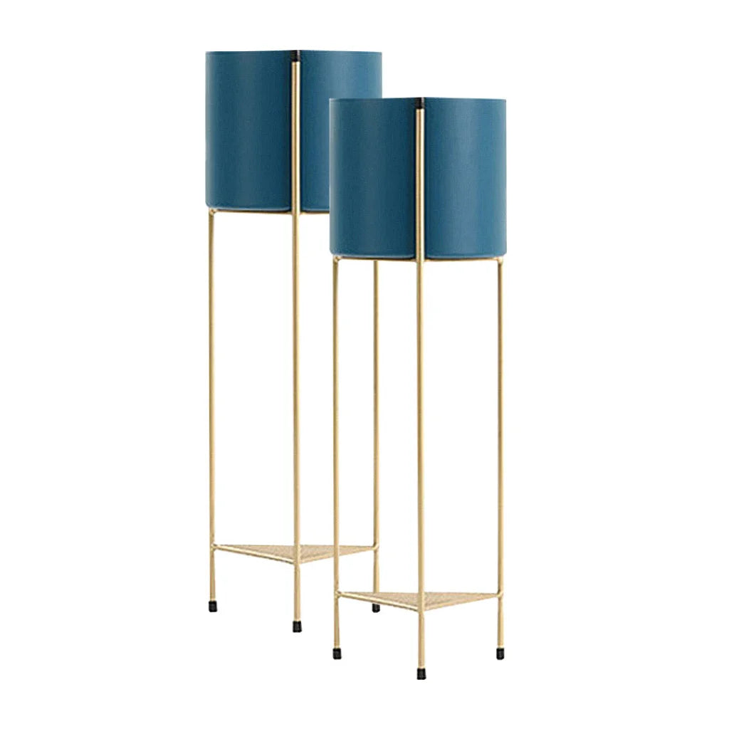 Gold Metal Plant Stand 2X 2 Layer 81cm with Blue Flower Pot Holder Corner Shelving Rack Indoor Display