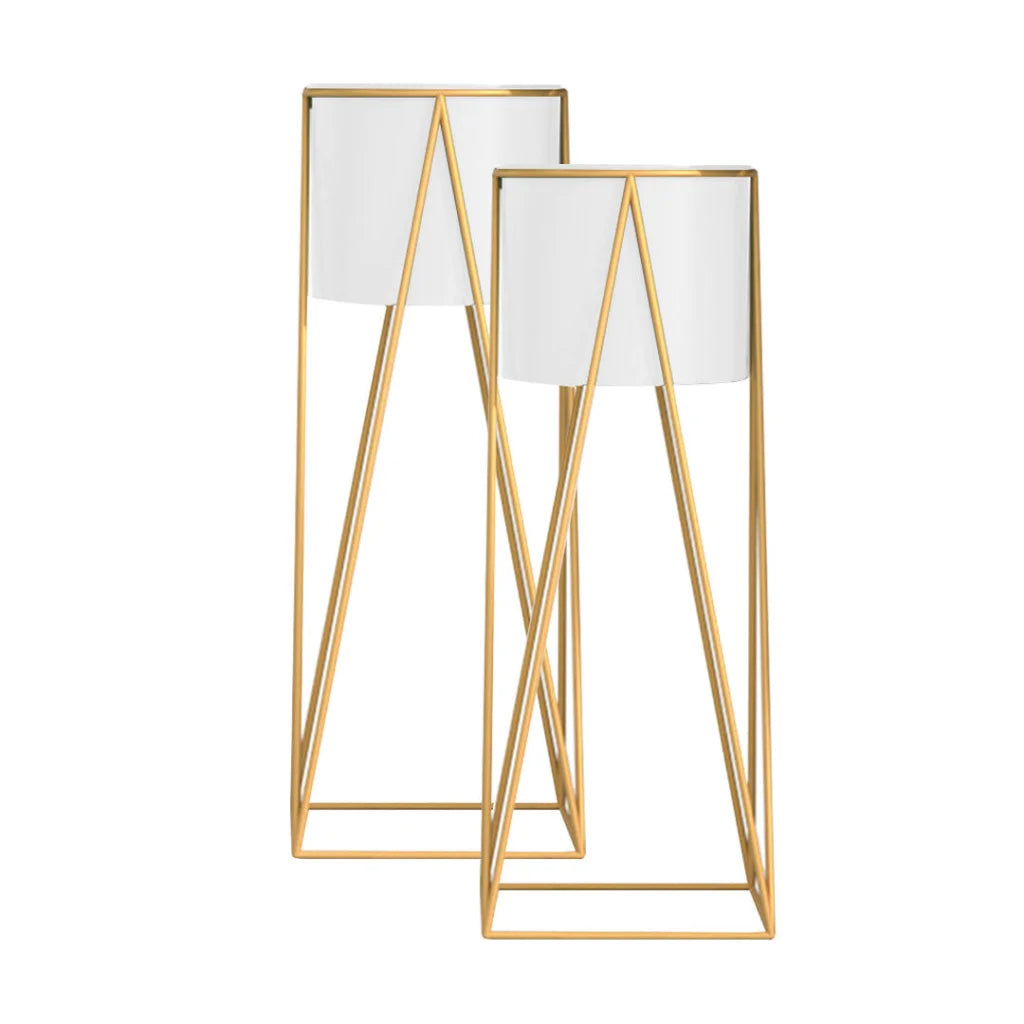 Gold Metal Plant Stand 2X 50cm with White Flower Pot Holder Corner Shelving Rack Indoor Display