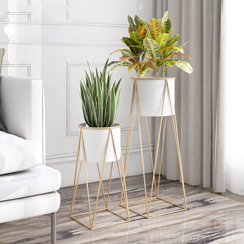 Gold Metal Plant Stand 2X 50cm with White Flower Pot Holder Corner Shelving Rack Indoor Display