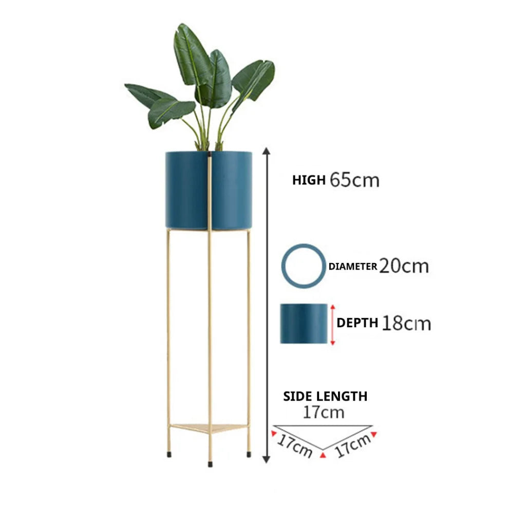 Gold Metal Plant Stand 4X 2 Layer 65cm with Blue Flower Pot Holder Corner Shelving Rack Indoor Display