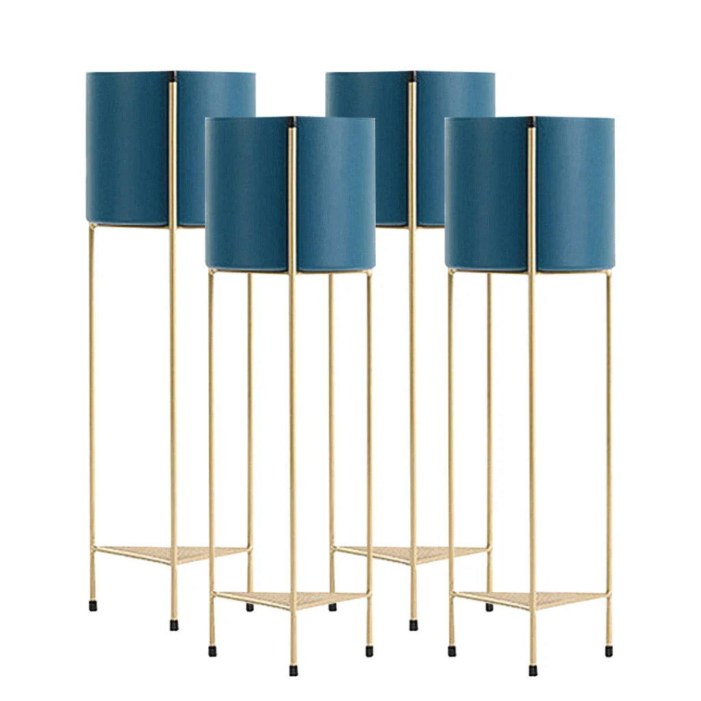 Gold Metal Plant Stand 4X 2 Layer 81cm with Blue Flower Pot Holder Corner Shelving Rack Indoor Display