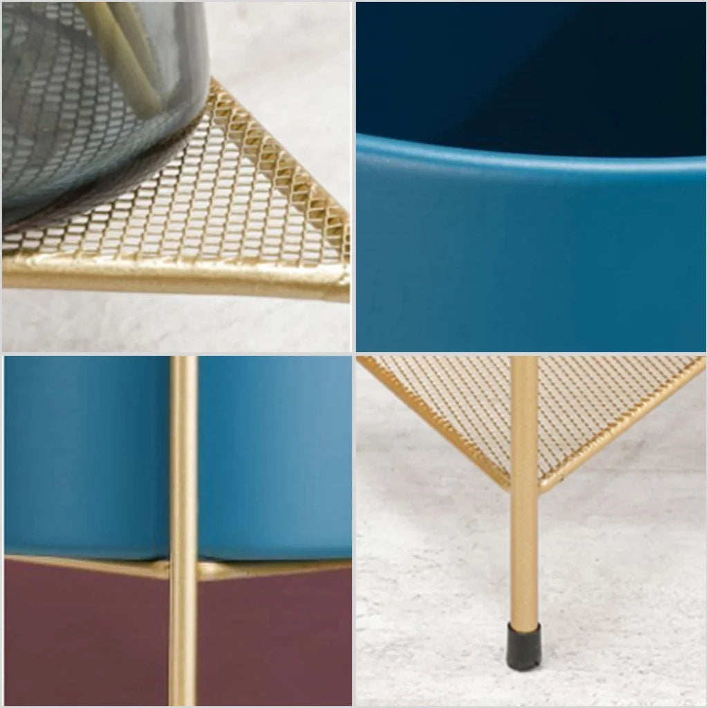Gold Metal Plant Stand 4X 2 Layer 81cm with Blue Flower Pot Holder Corner Shelving Rack Indoor Display