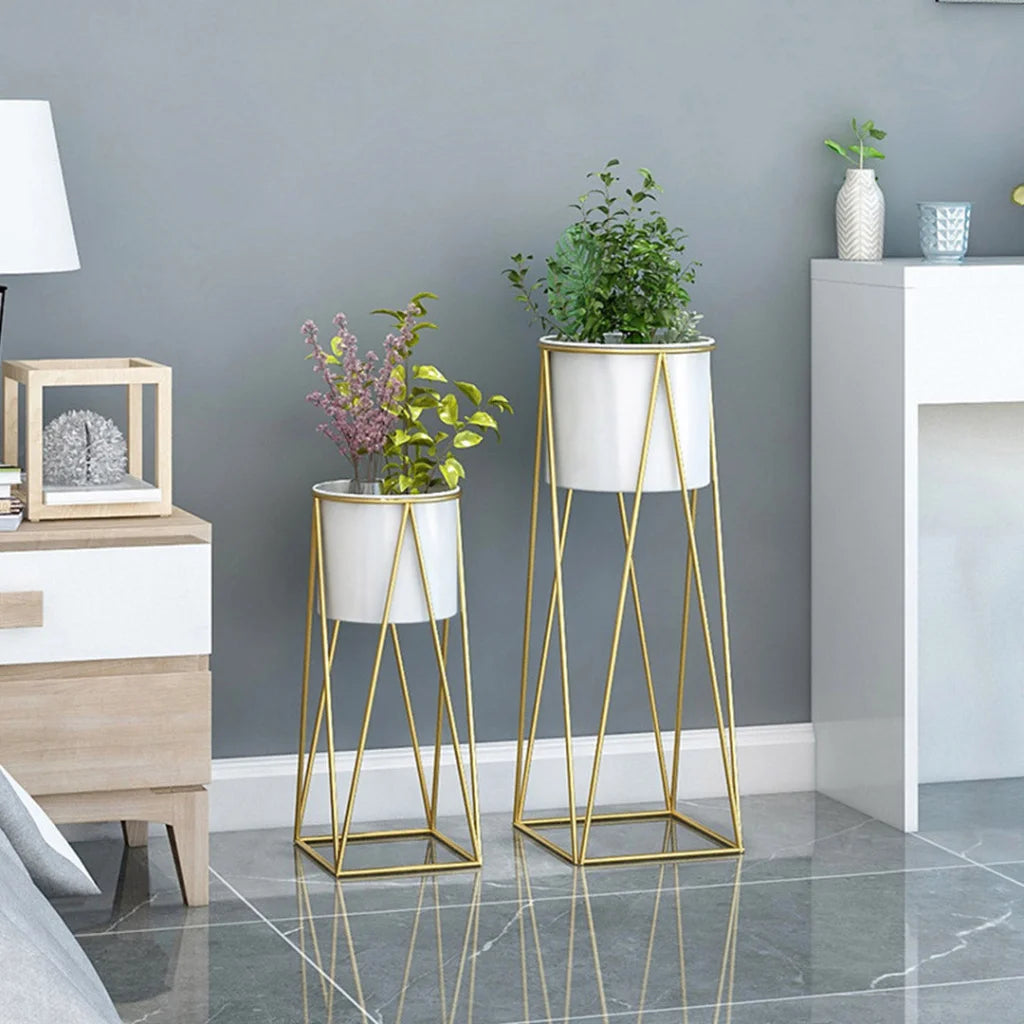 Gold Metal Plant Stand 50cm with White Flower Pot Holder Corner Shelving Rack Indoor Display