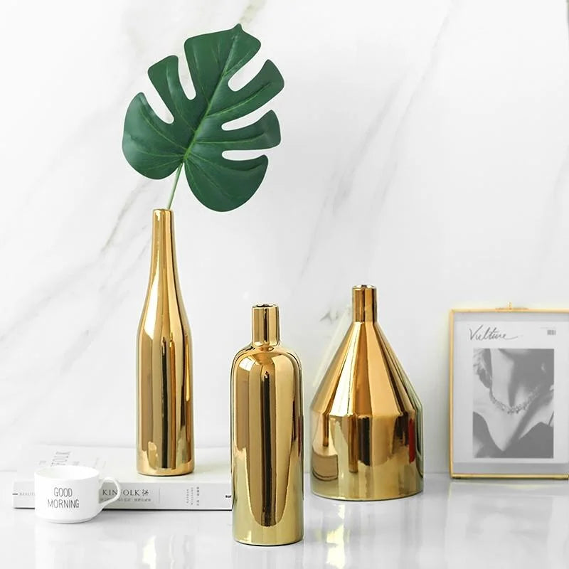 Gold Plated Ceramic Flower Vase - Desktop Decorative