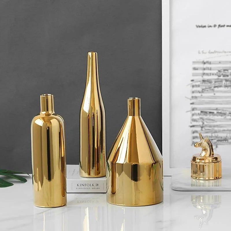 Gold Plated Ceramic Flower Vase - Desktop Decorative