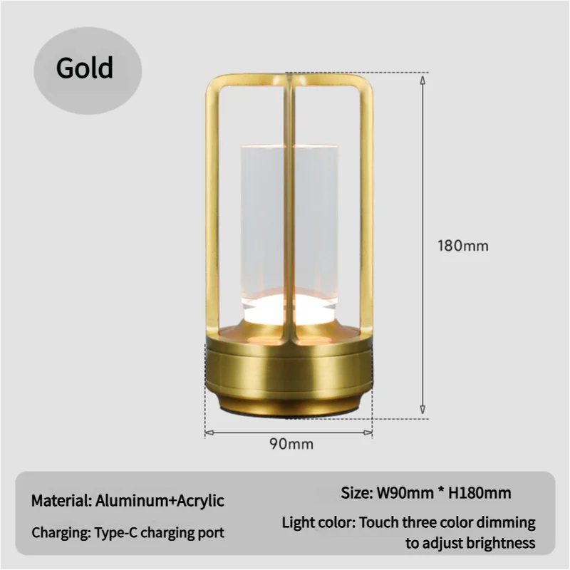 Gold Rechargeable Table Lamp Touch Dimming 3 Color