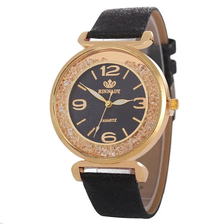 Gold Rhinestone Quartz Watch with Pu Leather Strap