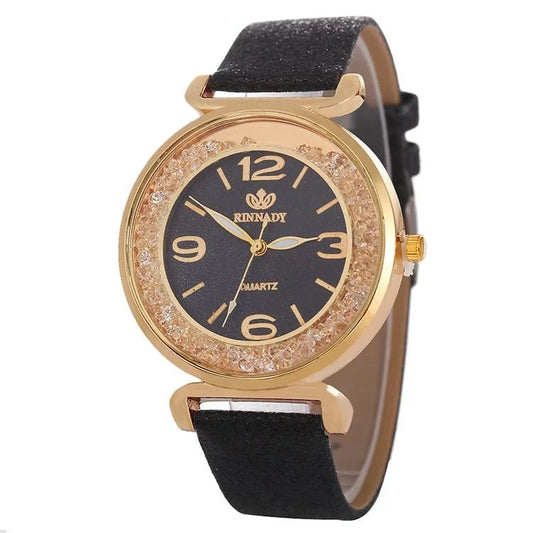 Gold Rhinestone Quartz Watch with Pu Leather Strap