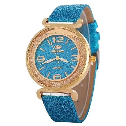 Gold Rhinestone Quartz Watch with Pu Leather Strap