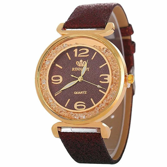 Gold Rhinestone Quartz Watch with Pu Leather Strap