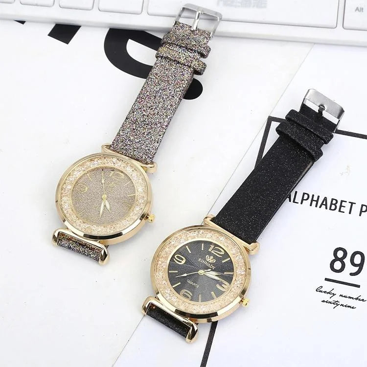 Gold Rhinestone Quartz Watch with Pu Leather Strap