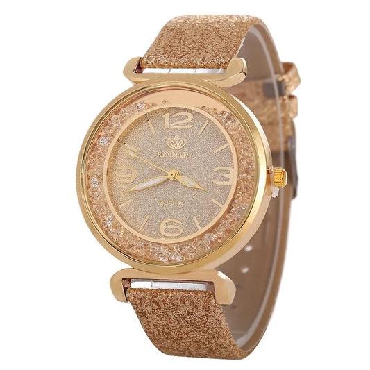 Gold Rhinestone Quartz Watch with Pu Leather Strap