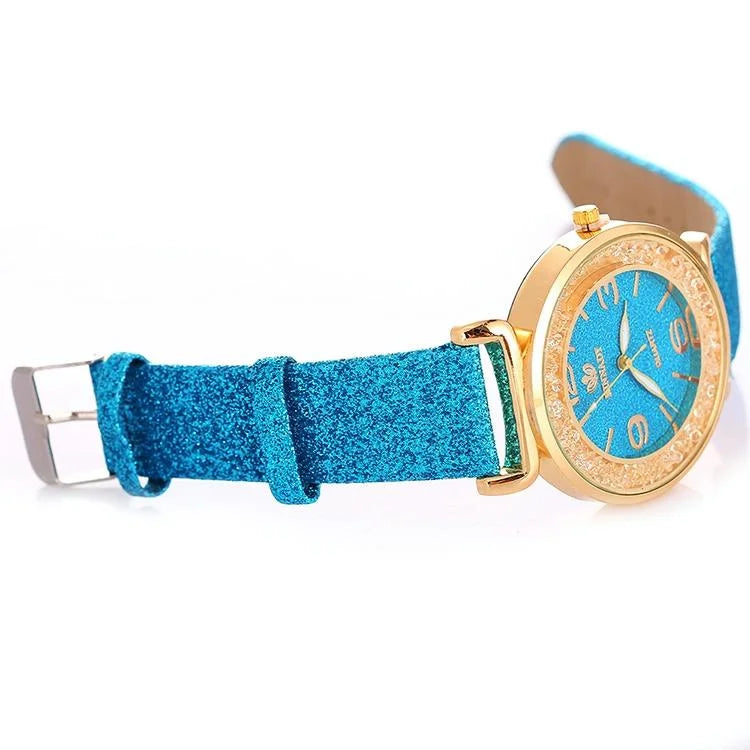 Gold Rhinestone Quartz Watch with Pu Leather Strap