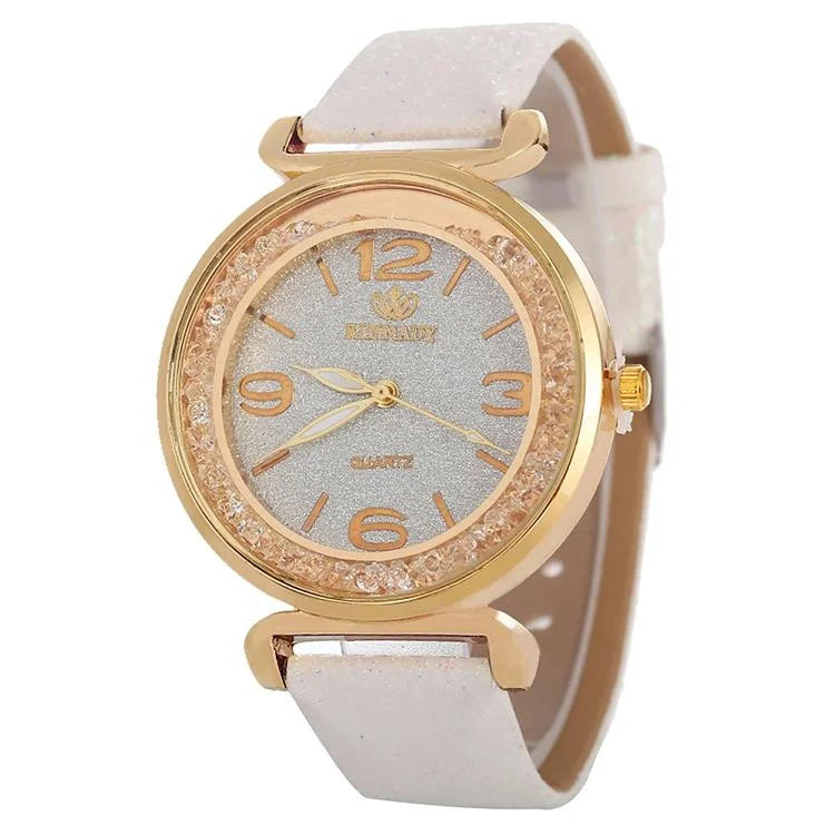 Gold Rhinestone Quartz Watch with Pu Leather Strap