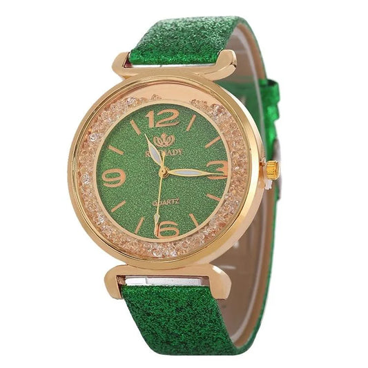 Gold Rhinestone Quartz Watch with Pu Leather Strap