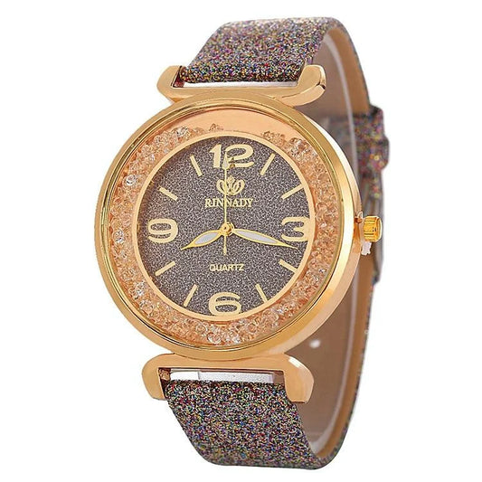 Gold Rhinestone Quartz Watch with Pu Leather Strap