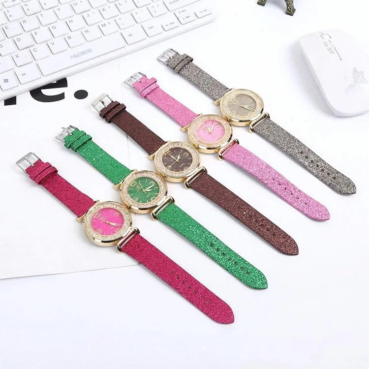 Gold Rhinestone Quartz Watch with Pu Leather Strap