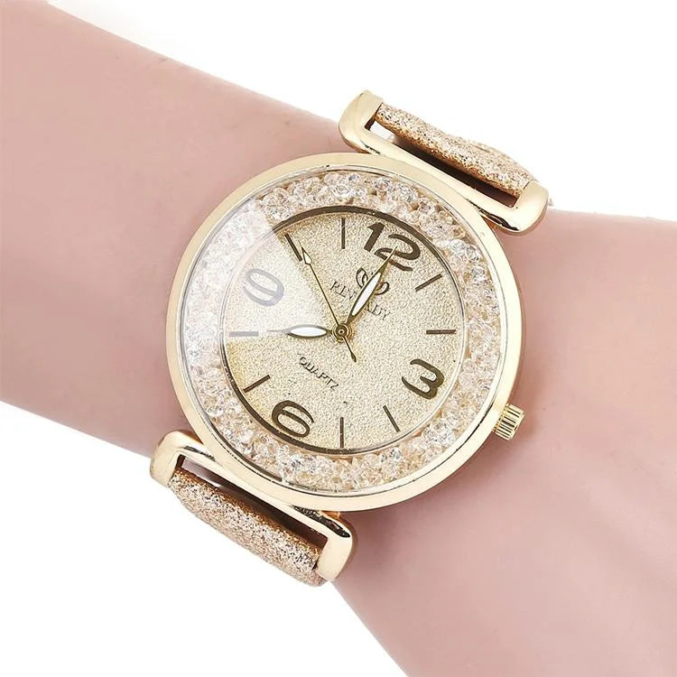 Gold Rhinestone Quartz Watch with Pu Leather Strap