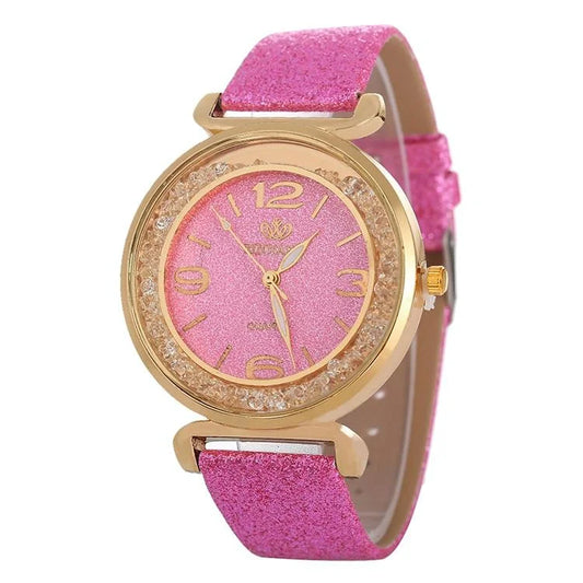 Gold Rhinestone Quartz Watch with Pu Leather Strap