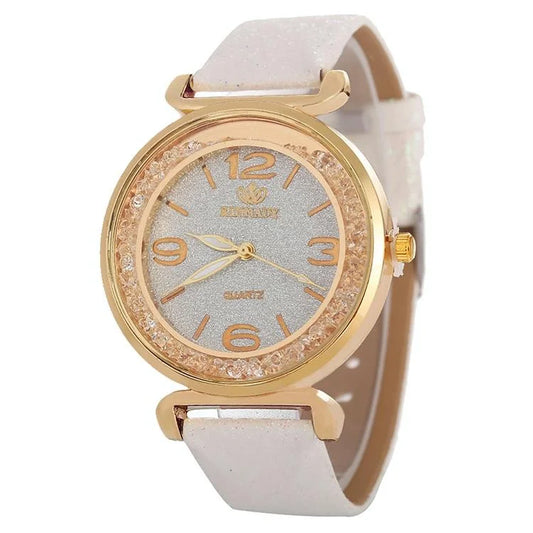 Gold Rhinestone Quartz Watch with Pu Leather Strap