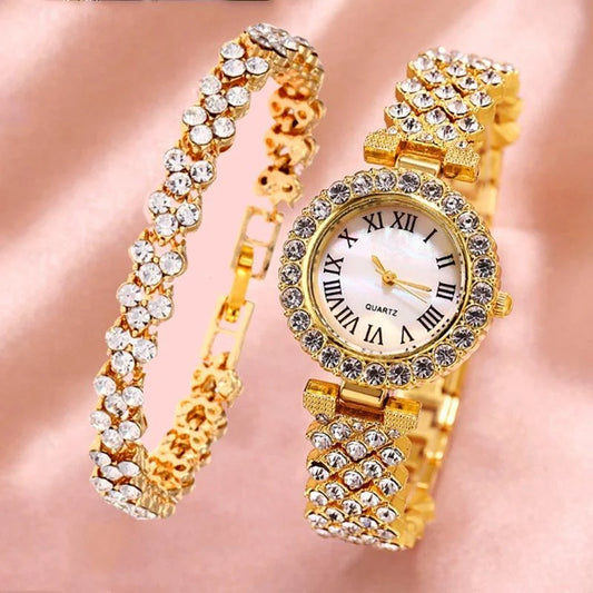 Gold Roman Diamond Watch & Bracelet Set for Women - Fashion