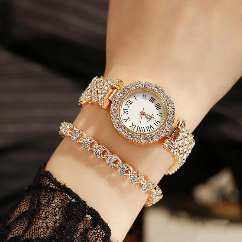 Gold Roman Diamond Watch & Bracelet Set for Women - Fashion