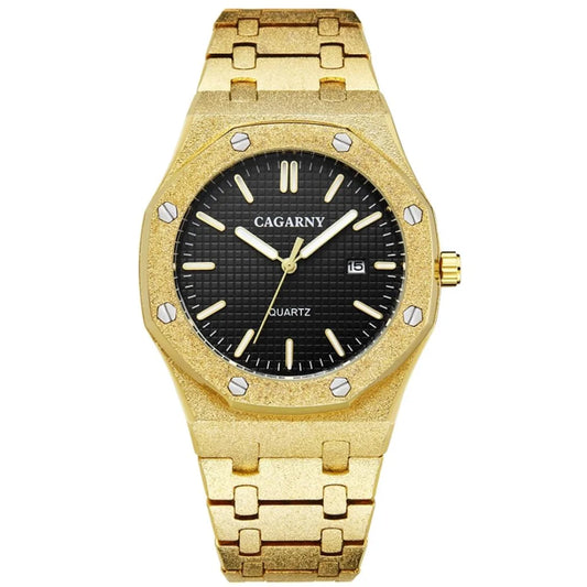 Gold Shell Black Dial Men Stainless Steel Watch with Dual