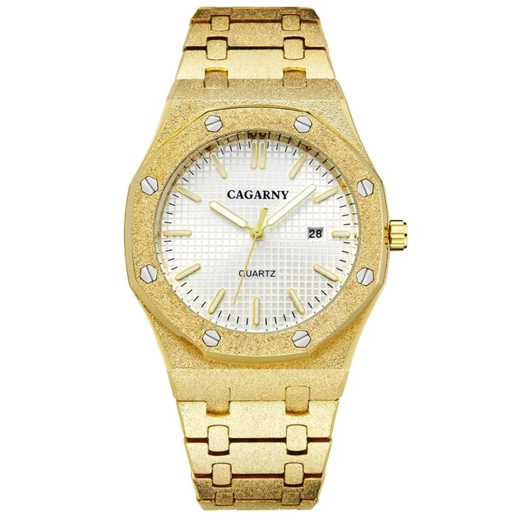 Gold Shell Black Dial Men Stainless Steel Watch with Dual