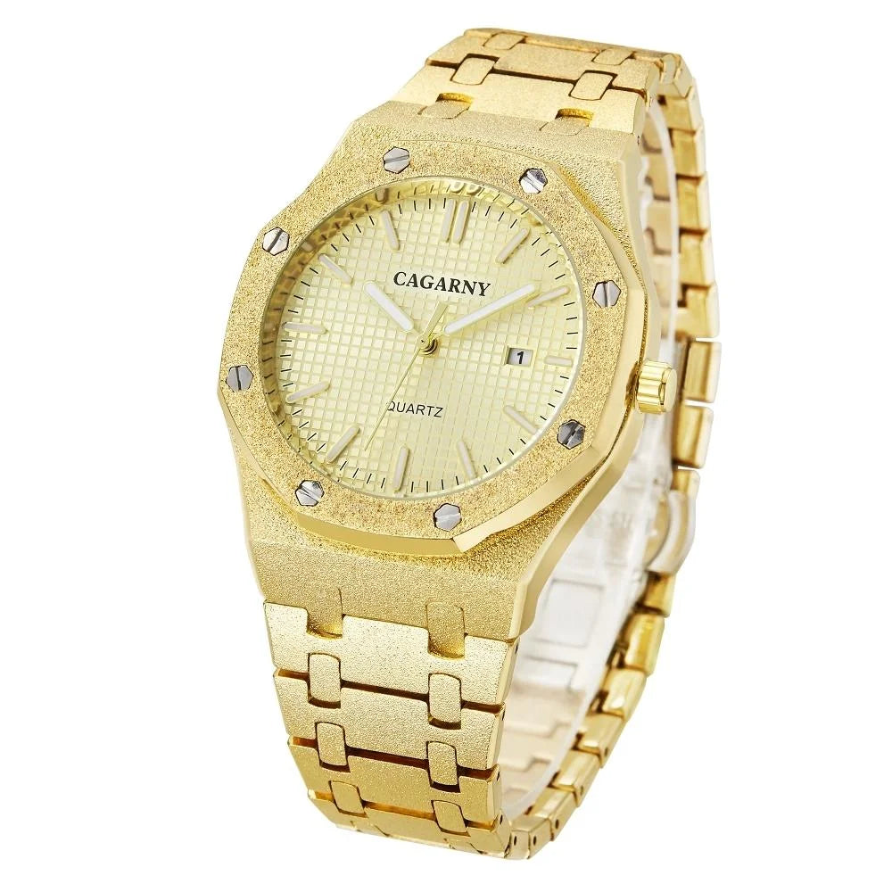 Gold Shell Black Dial Men Stainless Steel Watch with Dual