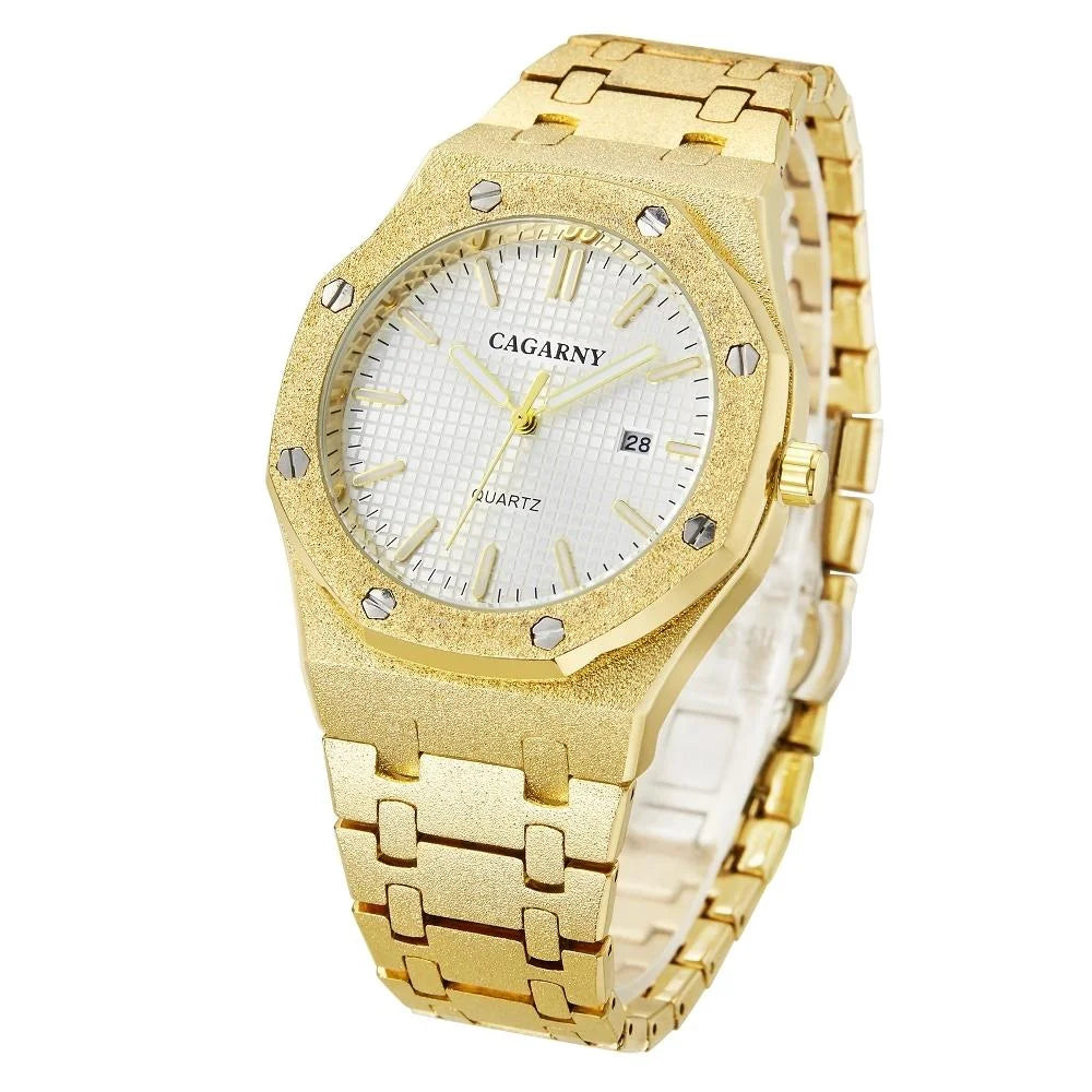 Gold Shell Black Dial Men Stainless Steel Watch with Dual