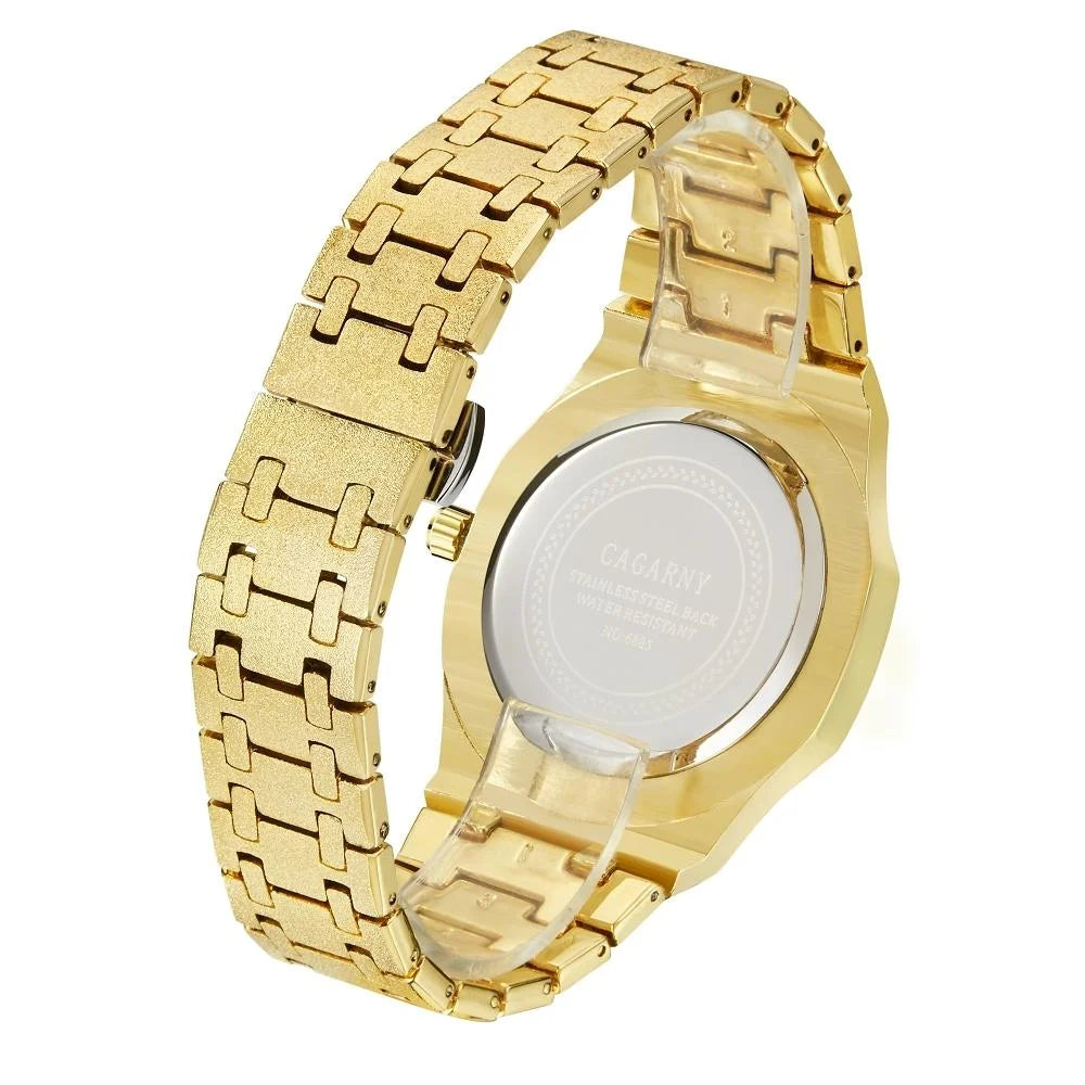 Gold Shell Black Dial Men Stainless Steel Watch with Dual
