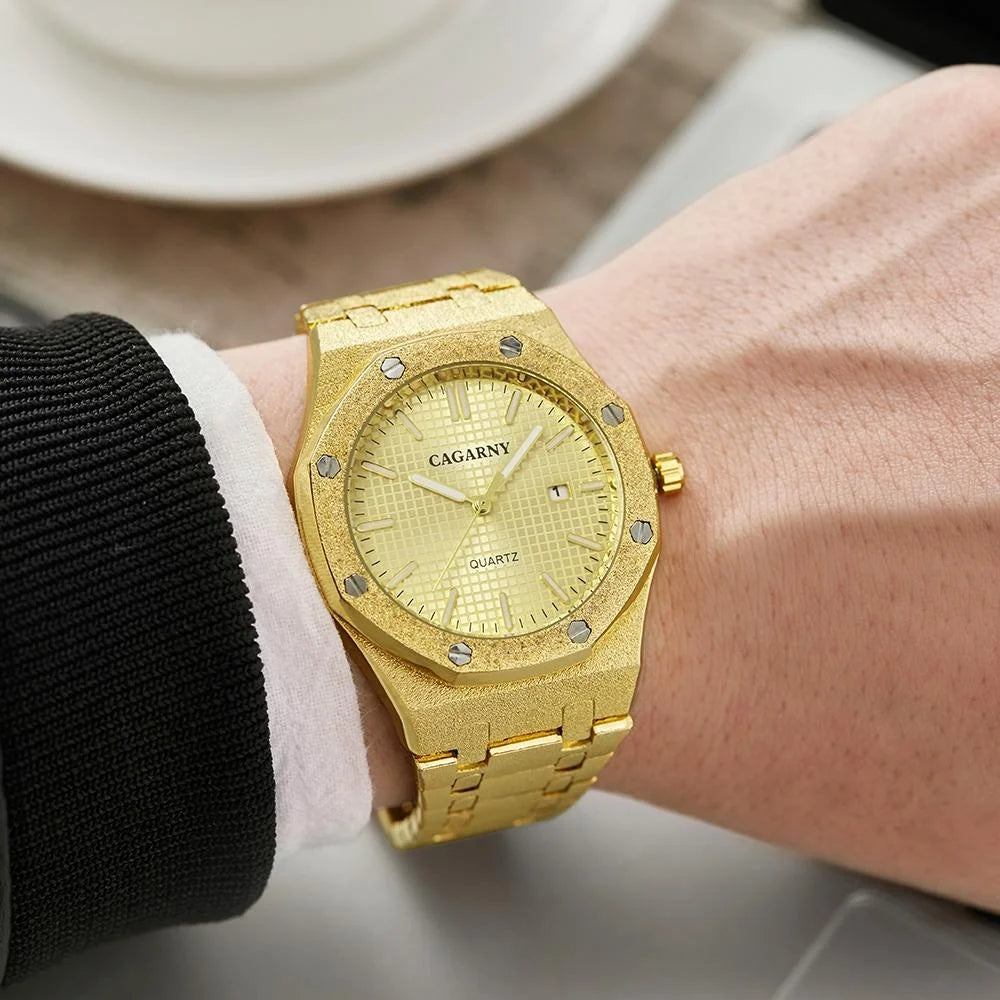 Gold Shell Black Dial Men Stainless Steel Watch with Dual