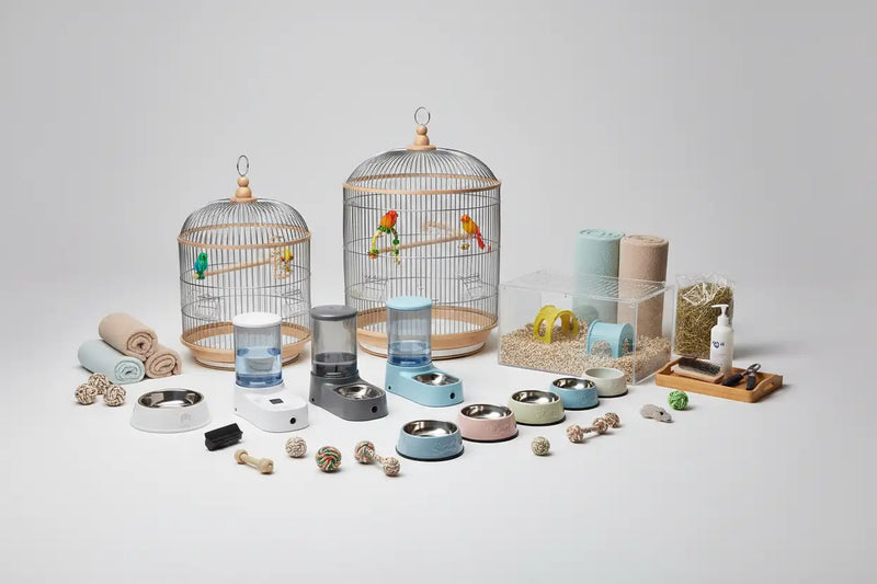 Create a image for keyword pet and animal supplies which includes cages, feeders and other stuffs. 