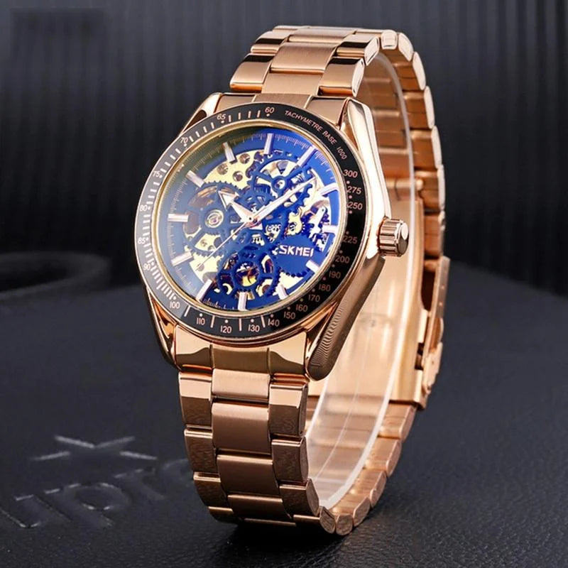 Golden Black Face Men Automatic Skeleton Watch with Steel
