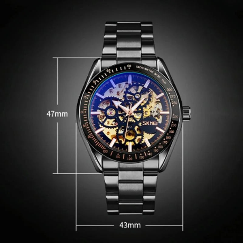Golden Black Face Men Automatic Skeleton Watch with Steel