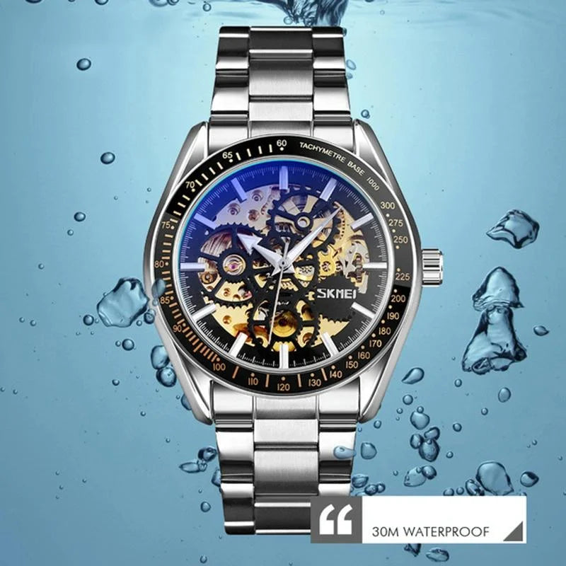 Golden Black Face Men Automatic Skeleton Watch with Steel