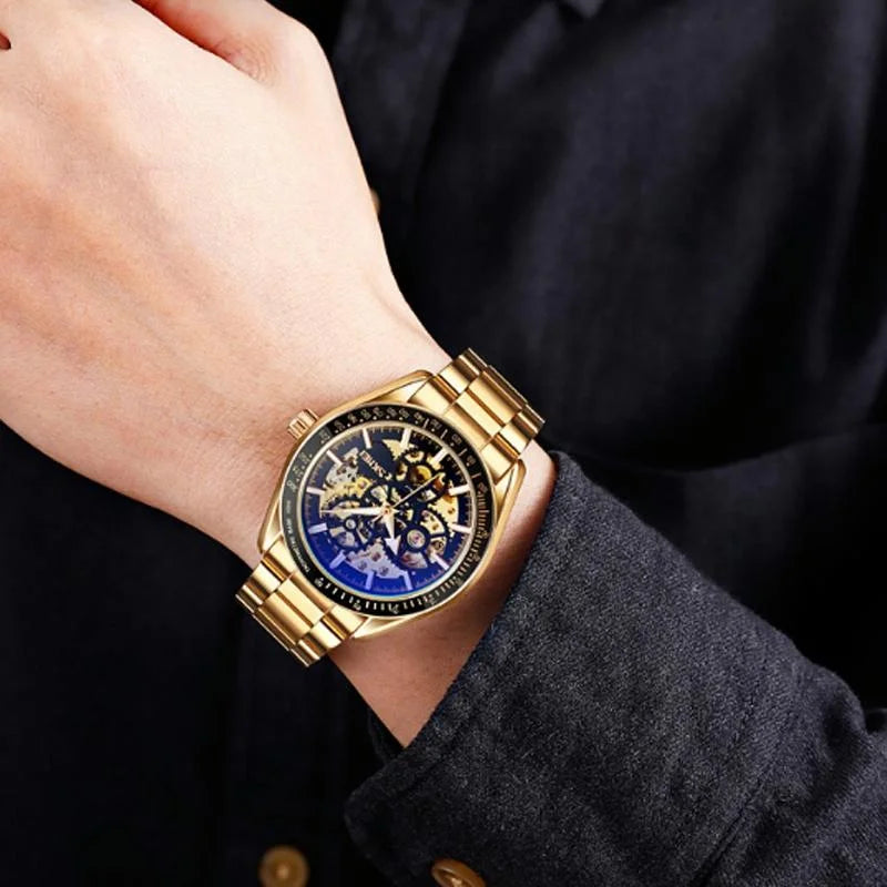 Golden Black Face Men Automatic Skeleton Watch with Steel