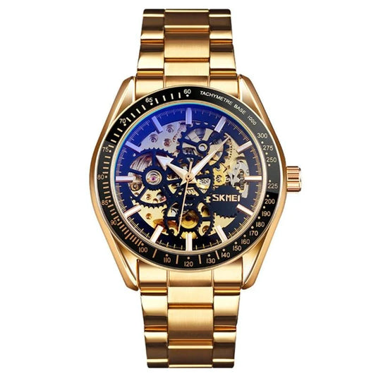 Golden Black Face Men Automatic Skeleton Watch with Steel