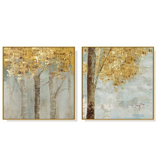 Golden Leaves Canvas Wall Art Set of 2 Gold Frame 50cm x