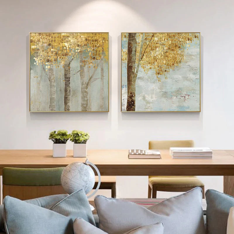 Golden Leaves Canvas Wall Art Set of 2 Gold Frame 70cm x