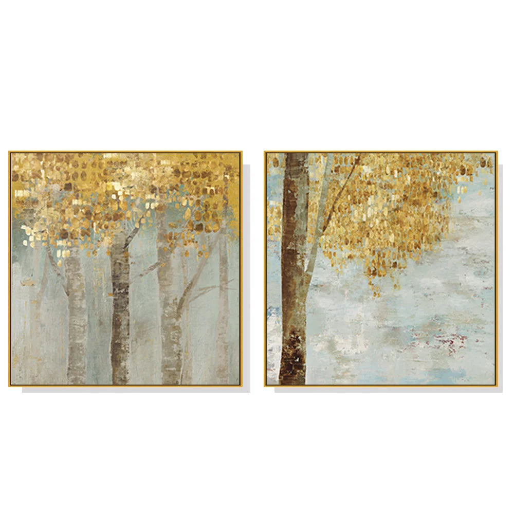 Golden Leaves Canvas Wall Art Set of 2 Gold Frame 70cm x