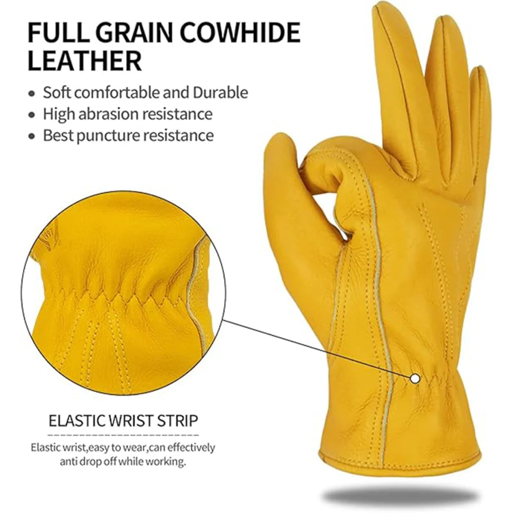 Golden Yellow Cowhide Work Gloves Full Finger Gardening DIY